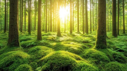 Obraz premium A lush forest floor covered in moss and ferns, with sunlight breaking through the canopy.