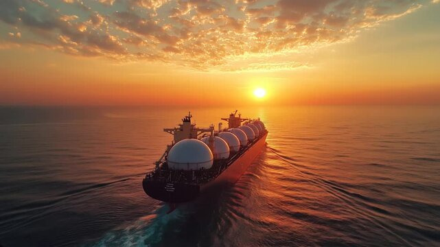 Majestic cargo ship with spherical LNG tanks sails across peaceful ocean at sunset. Concept of industry, gas, sea, energy, vessel. 