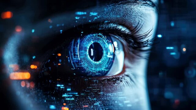 Facial recognition technology, human eye with digital data, face close-up. Concept of identification, person, AI, biometric system. 