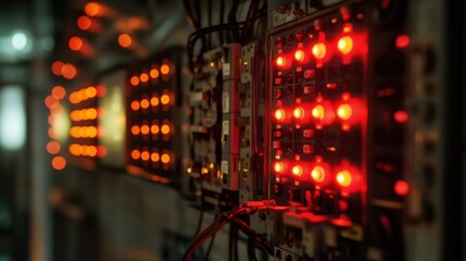 Multiple red lights blinking on an electrical control panel, potentially indicating an active process or a system malfunction in a server room