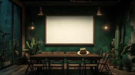 Dark green room with blank frame, wooden table, chairs, and plants.