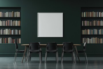 Dark green room with bookshelves, table, chairs, and blank frame.
