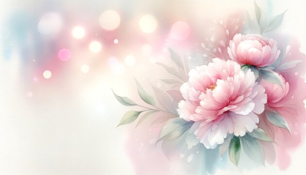 Zarte rosa Pfingstrosen mit gr&uuml;nen Bl&auml;ttern auf einem pastellfarbenen, bokehartigen Hintergrund. Perfekt als Gru&szlig;karte oder romantisches Design. Generative KI