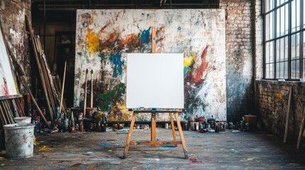 A painter's studio with brushes, colorful paint splatters, and a blank canvas on an easel.