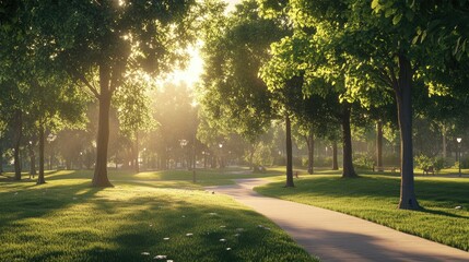 Fototapeta premium A park pathway lined with green trees and illuminated by gentle morning light.