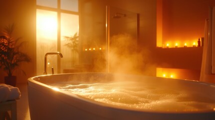 Tranquil Bathroom Scene with Bathtub and Steam at Sunset Serenity Ambiance