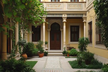 Obraz premium A serene courtyard featuring lush greenery and ornate architectural details.