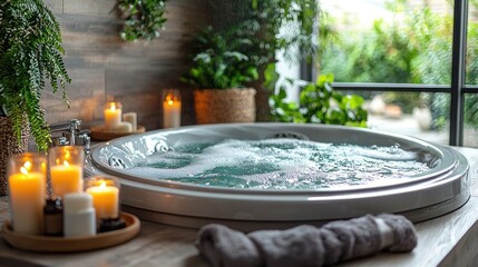 Fototapeta premium Relaxing Spa Retreat with Jetted Bathtub Surrounded by Greenery and Candles