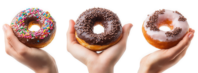 three colorful donuts held in hands. each with unique toppings one with sprinkles. one with chocolate icing. and one with a light pink glaze and chocolate sprinkles this visually appealing display emp