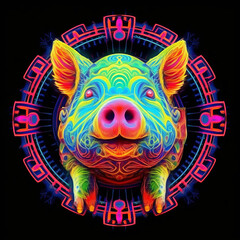 Psychedelic Cute Pig Mandala, Black Background