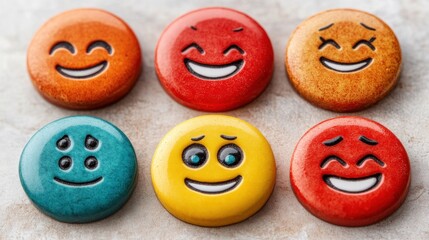Colorful emoji-like buttons with various facial expressions on a textured surface.