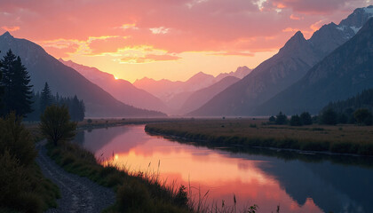 Sunset over a tranquil river reflecting vivid pink and orange hues with majestic mountains in the background, creating a serene and breathtaking landscape scene