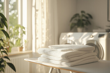 A neatly folded stack of white towels sits on an ironing board beside a modern white washing machine in a bright laundry room. A handheld garment steamer is also present.