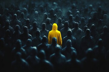 Obraz premium A Unique Figure Standing Out in a Dark Crowd Representing Business Leadership and Success