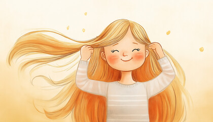 Happy Girl Long Blonde Hair Joyful Smiling Child Art Illustration