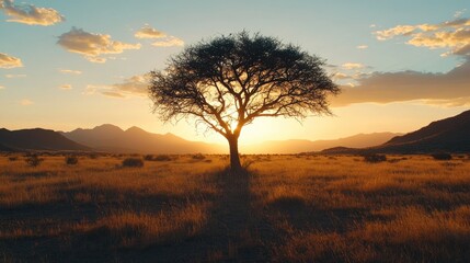 Obraz premium A silhouette of a lone tree standing in a dry, golden field at sunset.