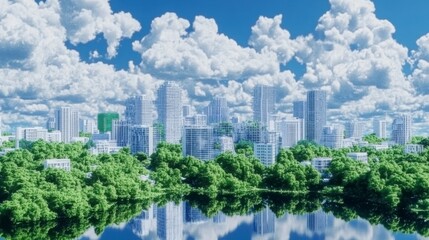 Lush Urban Landscape Surrounded by Blue Sky and Bright Clouds