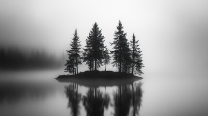 Misty Isle Silhouetted Pines Reflecting Calm Waters