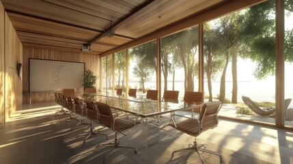 Obraz premium A stylish conference room with a large glass table, leather chairs, and floor-to-ceiling windows.