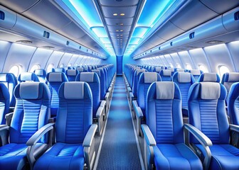Fototapeta premium Empty blue seats gleam in a modern, luxurious airplane cabin, promising a spacious and comfortable flight.