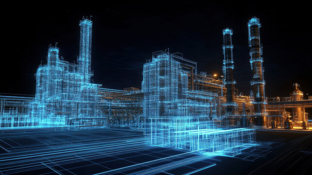 Digital wireframe of an industrial plant, featuring holographic blue and white lines depicting the layout of buildings