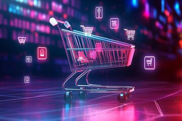Futuristic shopping cart glowing with neon light trails and floating digital icons
