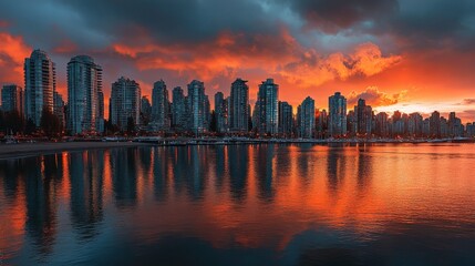 Fototapeta premium Vibrant Coastal Cityscape at Sunset with High Contrast