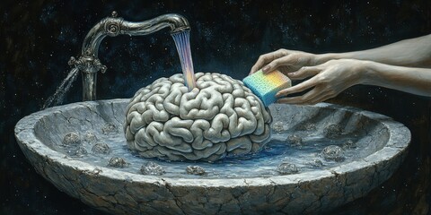 Surreal Illustration of a Brain Being Washed in a Stone Sink with Running Water and Sponge, Symbolizing Brainwashing and Psychological Manipulation
