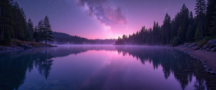 Radiant Gemstone Lakes at twilight reflecting a starry sky and a misty atmosphere with silhouettes of evergreen trees surrounding the tranquil water - Powered by Adobe
