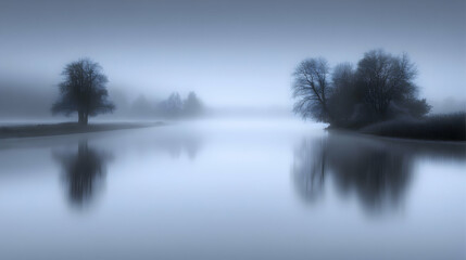 Fototapeta premium Serene misty morning landscape showcasing the reflection of trees on a tranquil river, evoking a sense of peace and mystery.