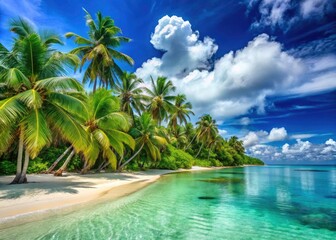 Obraz premium Escape to paradise: pristine white sand, coconut trees framing a breathtaking panorama.