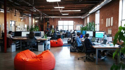 A tech startup office with beanbags, modern desks, and greenery enhancing the open space.