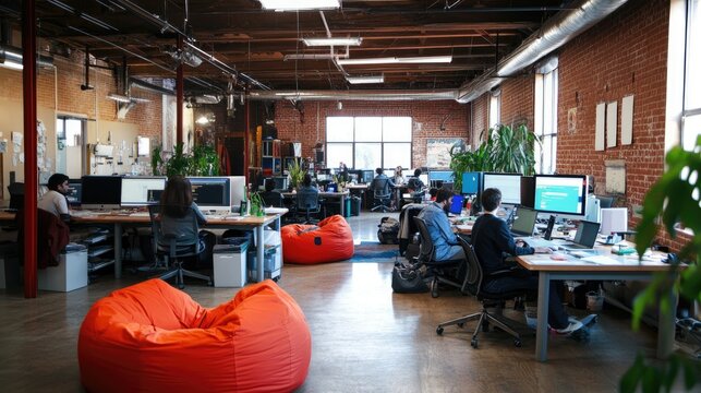 A tech startup office with beanbags, modern desks, and greenery enhancing the open space.