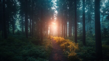 Obraz premium Vibrant Forest Scene with Warm Light and High Contrast