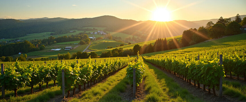 Vibrant Vineyard at Sunset in Lush Rolling Hills Captivating Golden Rays Illuminating the Fertile Farmlands