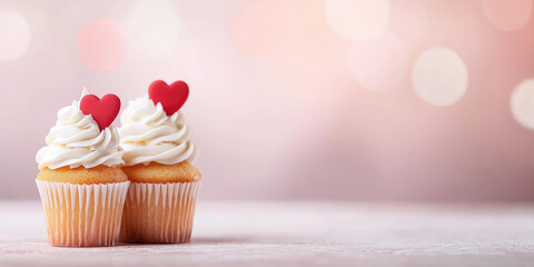 Delicious Romantic Cupcakes, with whipped cream swirls and hearts, light background with copy space, valentine's day, lovers day banner template