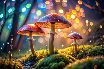 Fototapeta premium Fantasy fungi photography captures glowing mushrooms in an enchanted forest, bathed in magical bokeh light.