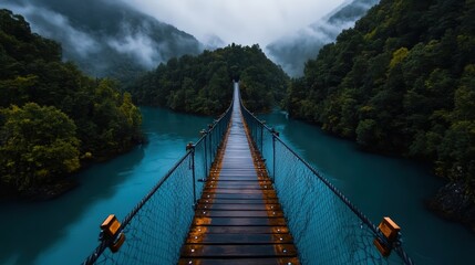 A stunning view of a wooden suspension bridge leading through lush mountains, enveloped in mist, creating an enchanting atmosphere that beckons exploration and adventure.