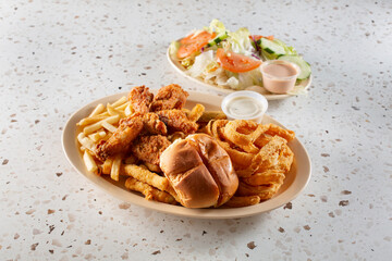 A view of a deep fry sampler plate.