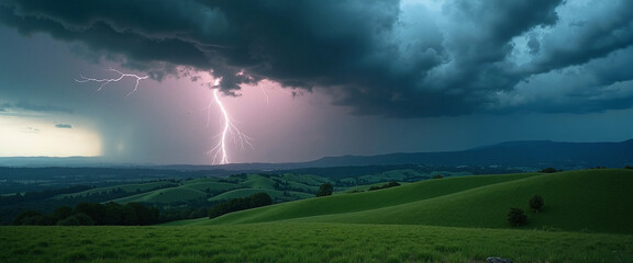 Fototapeta premium Ominous Thunderclouds Towering Over Rolling Green Hills with Bright Lightning Strikes Lighting Up the Dark Sky, Creating a Dramatic and Intense Atmosphere