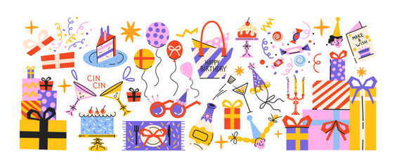 Set cartoon birthday stickers. Holiday gifts, balloons, cake. Retro gifts, celebration labels.Funky hipster stickers in 90s style. Vector happy birthday set, trendy promo labels