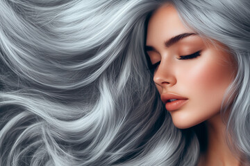 Naklejka premium Beautiful girl with healthy long grey hair. Beauty woman with luxurious long silvery grey hair as background. Beautiful Hair.