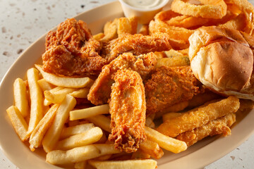 A view of a deep fry sampler plate.