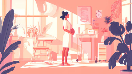 Pregnant woman at obstetrician. medic midwife check up baby prenatal health with stethoscope, nurse gynaecologist examination birth pregnancy, simplistic png illustration. Mistweave. Illustration