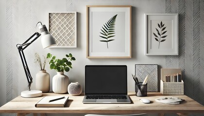 Fototapeta premium A minimalist workspace featuring a laptop, plants, and framed artwork sits on a white desk. 