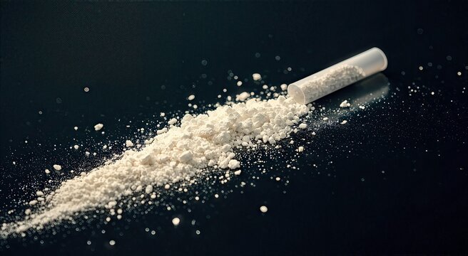 Close-up of scattered cocaine white powder and an open capsule.