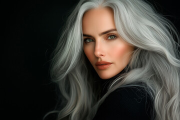 Naklejka premium Beautiful stylish mature woman with silvery grey hair on black background. Beauty portrait. Grey hairstyle.