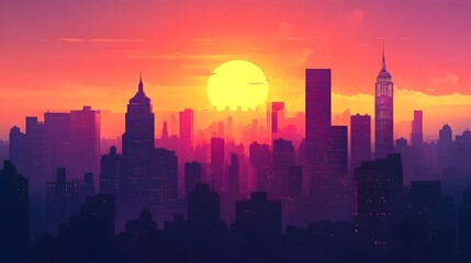 Fototapeta premium A vibrant sunset over a city skyline, with tall skyscrapers silhouetted against the brilliant colors of the sky, creating a dynamic and dramatic cityscape - HD and realistic