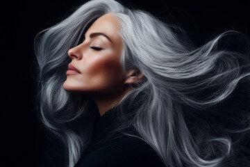 Naklejka premium Beautiful stylish woman with healthy long silvery grey hair on black background. Beauty portrait. Grey hairstyle.