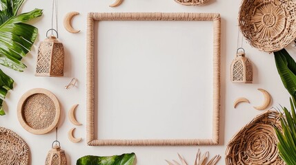 A decorative arrangement featuring woven elements, leaves, and a blank frame for creativity.